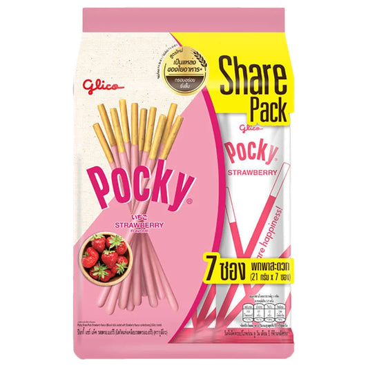 POCKY Share Strawberry Biscuit Sticks in 147g package, showing crispy strawberry-flavored biscuit sticks on a white plate.