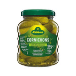 Kuhne Cocktail Cornichons in a 180g jar, small pickled gherkin cucumbers, dry grocery product with label visible.