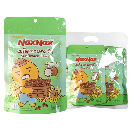 NAXNAX Sunflower Seeds with Coconut Flavor, 72g pack, showing crispy roasted seeds in a clear bag.