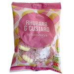 Sainsbury's Rhubarb & Custard confectionery snacks with bright, colorful candies in clear packaging.