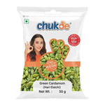 Chuk-De Green Cardamom in a grocery package, showing fresh green pods used as a spice and flavoring in cooking.