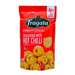 Fragata seasoned hot chili pitted olives in 70g dry grocery pack, with visible red chili flakes and olive pits.