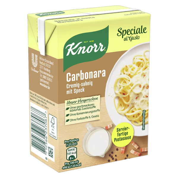 Knorr Special El Gusto Carbonara grocery product packaging with pasta and sauce ingredients on the label