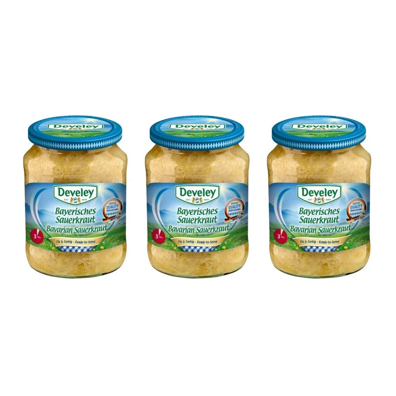 DEVELEY sour pickled cabbage in 680g bottles, showing three jars with fermented, tangy cabbage ready for use.