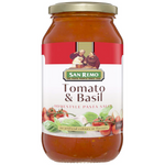 San Remo Tomato Basil Pasta Sauce jar with label, showcasing fresh basil and ripe tomatoes on the packaging.