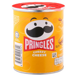 Pringles Potato Crisps Cheesy Cheese flavor in a red can, showing crispy snack chips with cheesy seasoning.