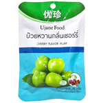 Ujane Cherry Flavor Plum confectionery snack featuring glossy cherry-flavored plums in a clear package.