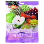 Assorted New Choice Mini Fruit Gels in colorful, chewy confectionery snacks packaging, showcasing vibrant fruit-flavored gel candies.