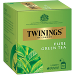 A clear glass cup of Twining's Pure Green Tea with steam rising, showcasing the vibrant green tea inside.