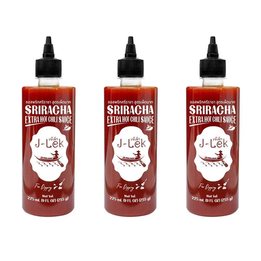 Six bottles of J-LEK Sriracha Chili Sauce, extra spicy, 255g each, featuring red chili peppers and classic Sriracha packaging.
