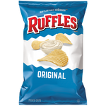 Ruffles Original Potato Chips in a bowl, showing ridged, crispy snack with seasoned potato slices on a white background.