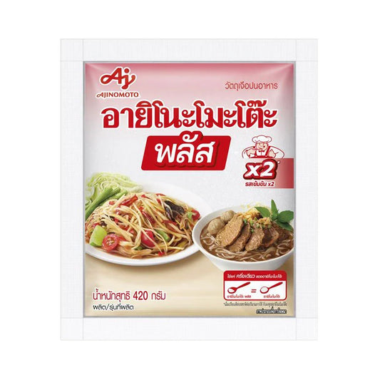 AJINOMOTO Plus Monosodium Glutamate 420g container, close-up of the seasoning box with branding and product label.