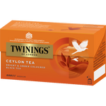 A cup of Twinings Finest Ceylon Tea in a white mug, showcasing the rich amber color of the brewed tea.