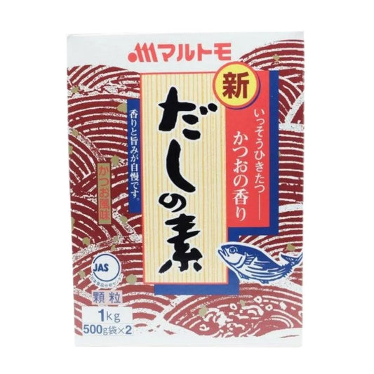 Marutomo Hondashi dashinomoto seasoning in 1 kg package, showing dried fish flakes and seasoning granules.