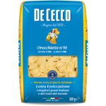 De Cecco Orecchette #91 pasta in a grocery image, showing dry, uncooked Italian pasta shaped like small ears.