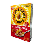 Post Honey Bunches of Oats with Strawberry cereal box, dry grocery product, featuring colorful packaging with oats and strawberries.