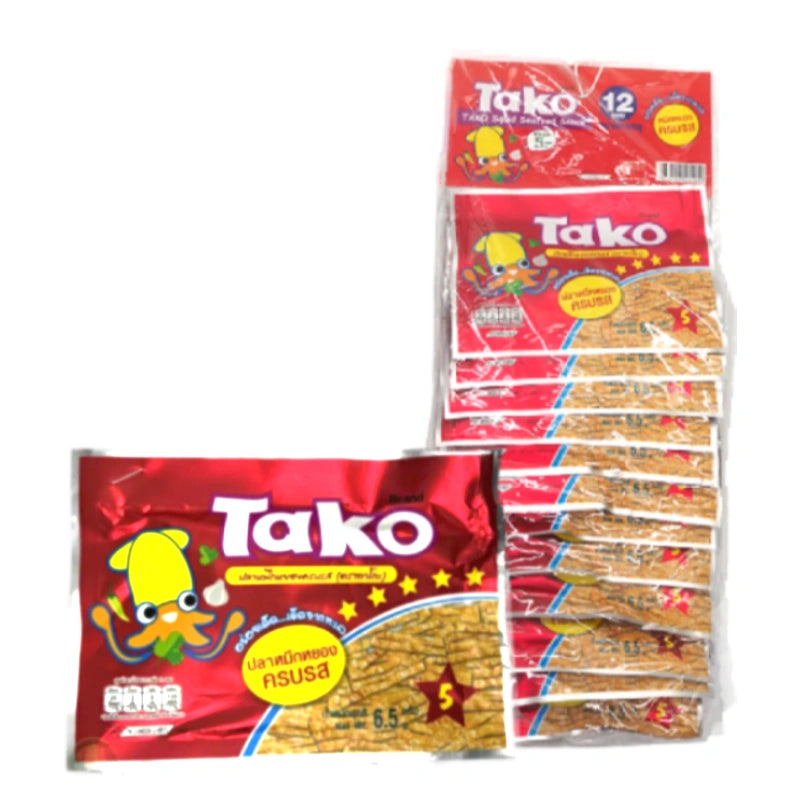 TAKO Squid Seafood Snack in 8g packs, featuring crispy, seasoned squid pieces in a colorful snack packet.