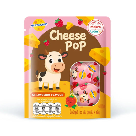 MILKGROUND Cheese Pop Strawberry Flavor 100g, colorful packaging with cheese puffs and strawberry imagery, showcasing the snack's flavor.