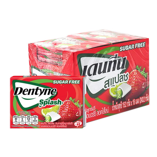 DENTYNE Splash Strawberry Lime gum pack with 8 pieces, showcasing colorful packaging and fresh strawberry lime flavor.