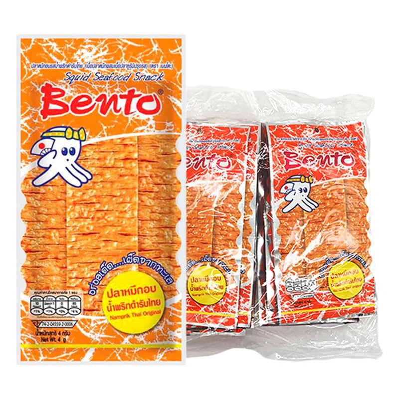 BENTO Hot Spicy Squid Seafood Snack 4g packet, featuring spicy seasoned dried squid pieces in a colorful package.