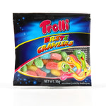 Colorful Trolli Britecrawlers confectionery snacks in bright green, orange, and yellow gummy worm shapes on a white background.