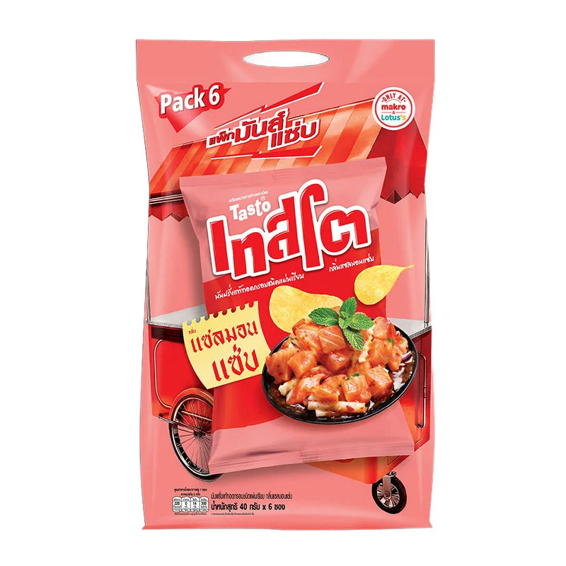 TASTO Potato Chip Salmon Zapp snack in 40g pack, featuring crispy potato chips with salmon flavor, displayed in a clear bag.