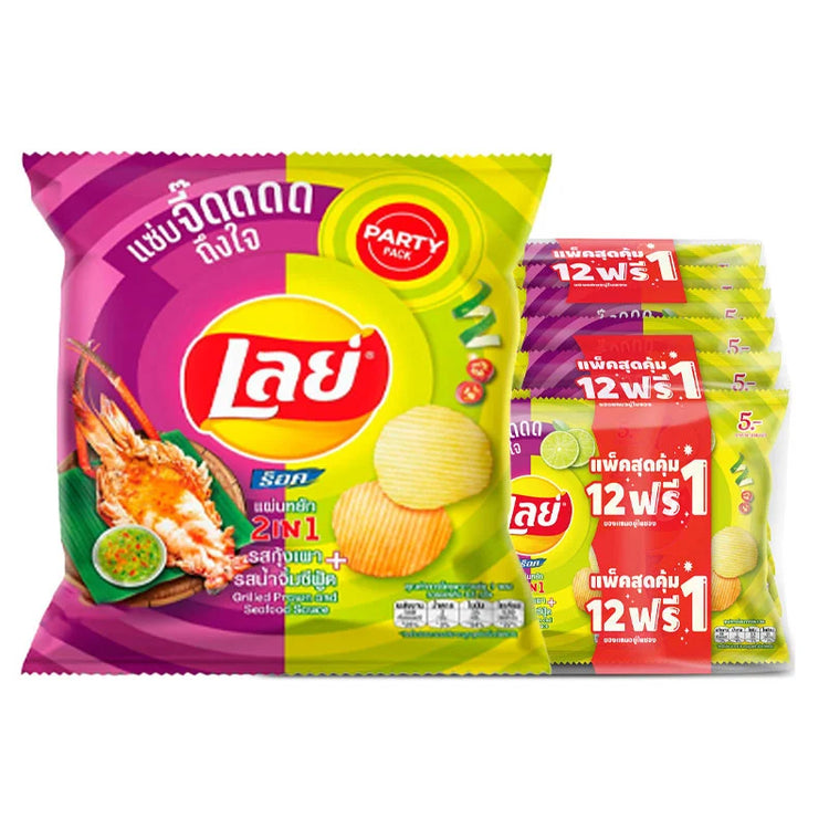 Lay's Potato Chips with Grill Prawns & Seafood Sauce flavor, 11g snack bag, featuring crispy chips with seafood seasoning.