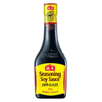 Haday Seasoning Soy Sauce 380ml bottle, used for cooking and enhancing dishes, in a clear glass container with a dark liquid.