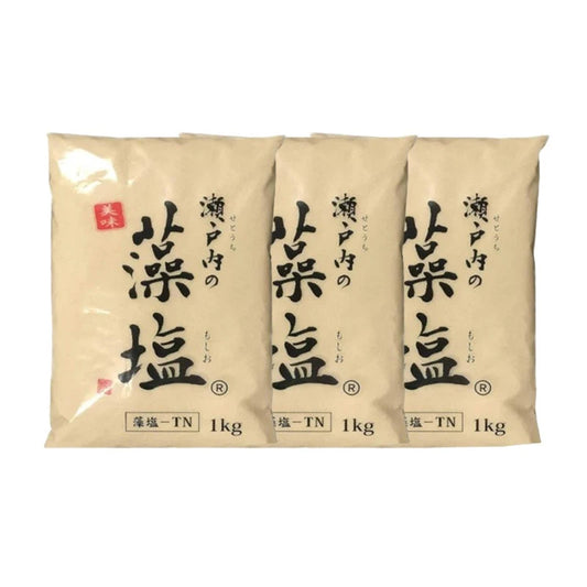 MOSHIO Setouchi Seaweed Salt for rice balls, made from seawater and seaweed, in three 1kg bags, made in Japan.
