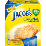 Jacob's Original Cream Crackers in a package, showing the golden, crispy crackers inside, classic confectionery snack.