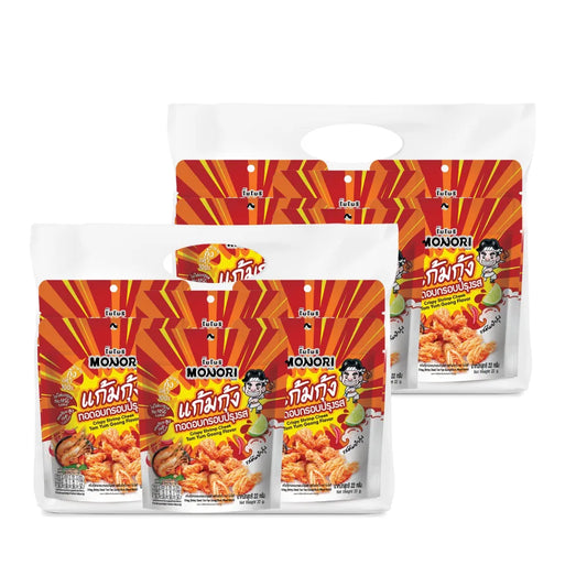 MONORI Crispy Shrimp Chin Tom Yum flavor sachets, 22g each, displayed in a pack of 6 with a focus on shrimp snack packaging.