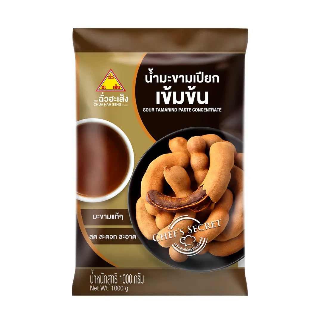 Chua Hah Seng Sour Tamarind Paste Concentrate 1kg jar showing the brown tamarind paste in a clear glass jar