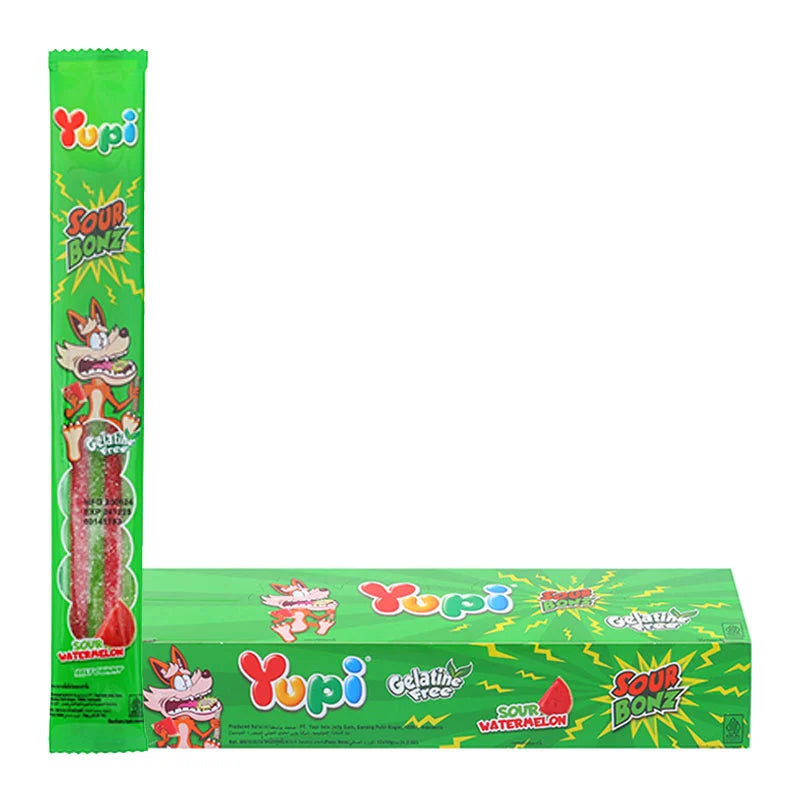 YUPI Sour Bonz Watermelon Gummy Candy 10g pack with colorful watermelon-shaped sour gummies on a white background.
