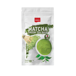 Aroma Matcha Green Tea Base drink in a clear glass, showcasing vibrant green color and smooth texture. Caffeine-free, refreshing beverage.