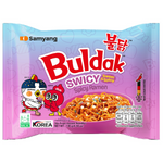 Samyang Buldak Spicy Ramen Swicy instant noodles in a yellow package with spicy sauce and noodles ready to eat.