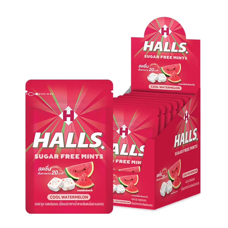 HALLS Mint Watermelon Candy pack with 10 individual 15.4g bags, showing colorful watermelon and mint flavored candies inside.