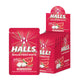 HALLS Mint Watermelon Candy pack with 10 individual 15.4g bags, showing colorful watermelon and mint flavored candies inside.
