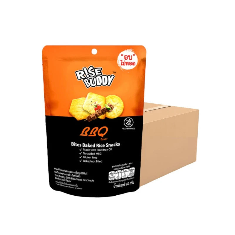 RISE BUDDY baked rice crackers in barbecue flavor, displayed in a box of 24 packs with crisp, golden crackers on the package.