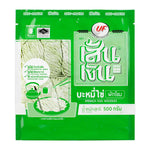 Sen-ngern Spinach Egg Noodles 500g, dry grocery product, showing fresh spinach and egg noodles in the packaging.