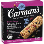 Carman's Super Berry Muesli Bars, healthy snack bars with mixed berries and oats, displayed on a white background.