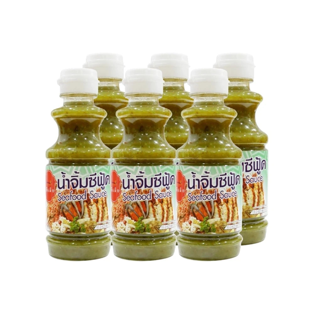 Six 250g plastic bottles of J-LEK Seafood Dipping Sauce, showing the transparent bottles with red and white label designs.