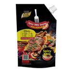 Pure Foods Spicy BBQ Sauce 800g bottle with label showing fiery red and orange design, ideal for grilling and marinades.