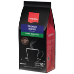 Aroma Coffee French Blend drink in a glass with a foamy top, showcasing rich coffee color and branding label.