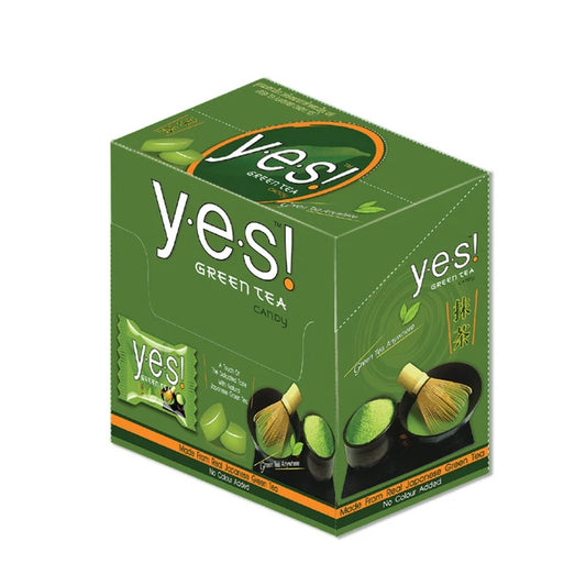 YES! Candy Green Tea flavor, 36g pack, showing colorful individually wrapped candies in a clear container.