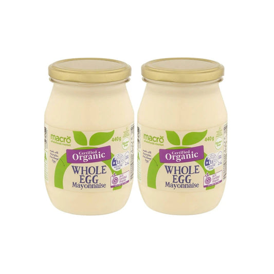 Woolworths Macro organic whole egg mayonnaise in two 440g bottles, featuring free-range organic eggs and sunflower oil
