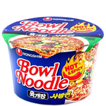 Nongshim Bowl Noodle Soup Hot & Spicy with noodles, broth, and vegetables in a disposable bowl.