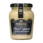 Jar of Maille Dijon Mustard with a yellow label and a metal lid, placed on a wooden surface.