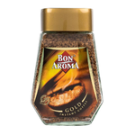 Bon Aroma Gold freeze dried coffee drink in a glass, showcasing the rich, golden-colored coffee beverage with a frothy top.