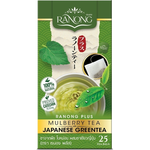 Ranong Green Tea Plus drink in a clear glass bottle with green tea and natural ingredients visible inside.