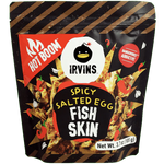 Irvins Fish Skin Salted Egg Spicy snack showing crispy fish skin coated in salted egg and chili seasoning.